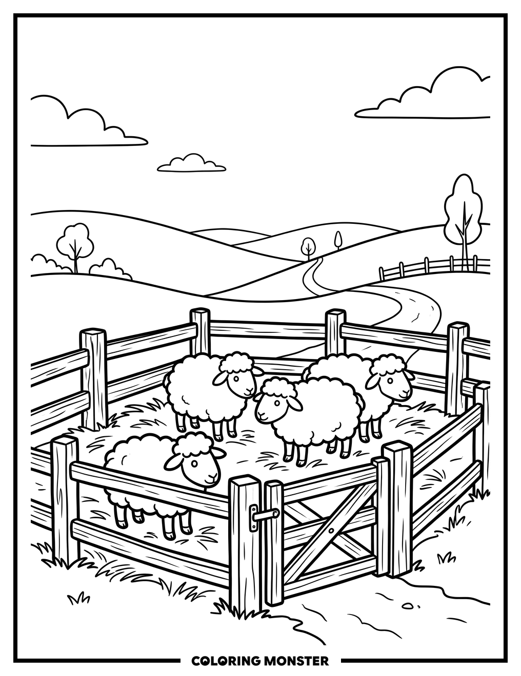 Sheep in a Rustic Sheepfold Coloring Page