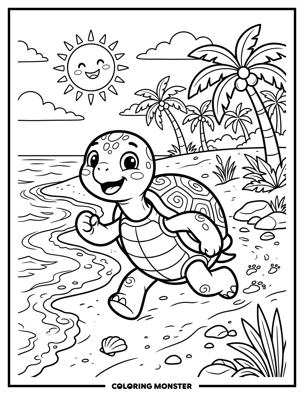 Shelly the Turtle on a Sunny Beach Coloring Page