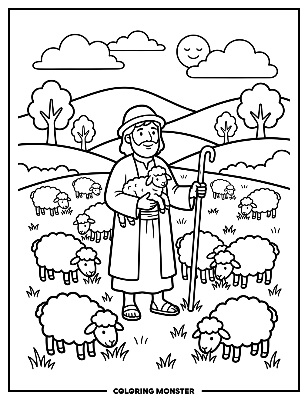 Shepherd and Flock in Grassy Field Coloring Page