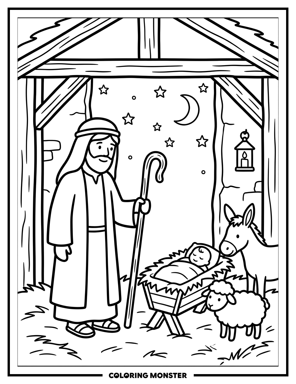 Shepherd and Manger Scene Coloring Page