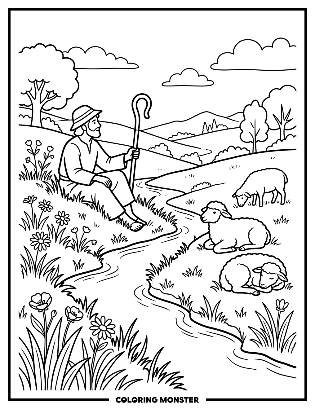 Shepherd and Sheep by a Stream Coloring Page