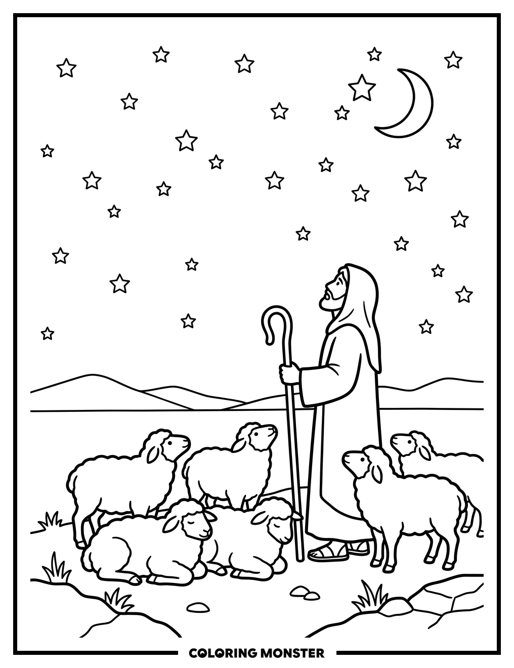 Shepherd and Sheep Under Starry Sky Coloring Page