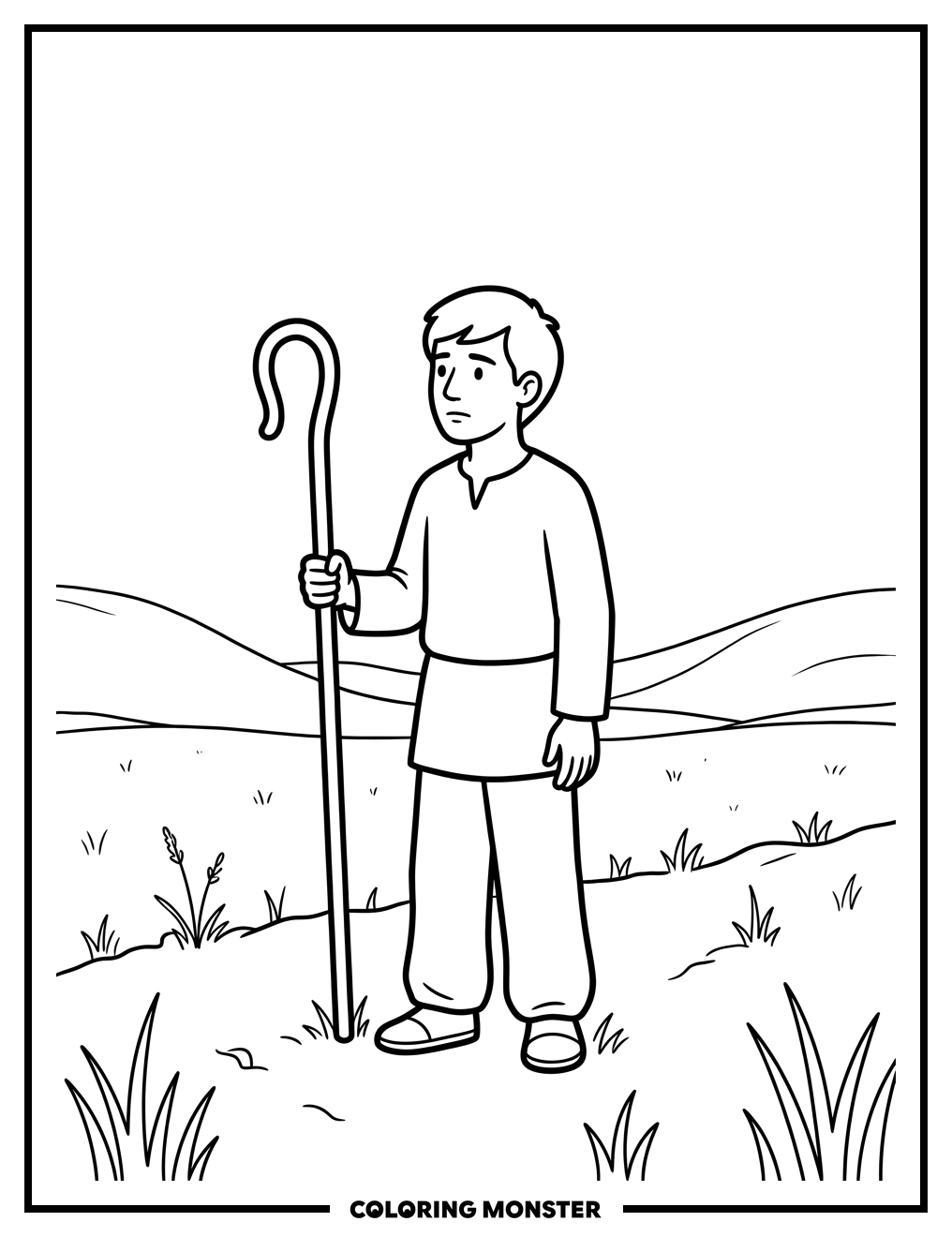 Shepherd Boy in Grassy Field Coloring Page