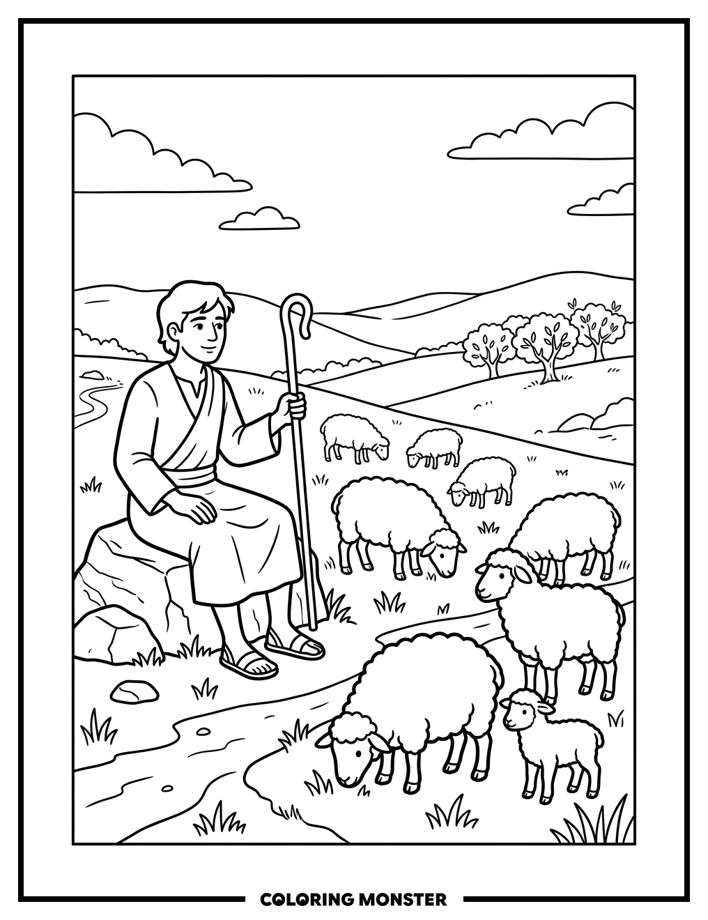 Shepherd Boy Watching Sheep Coloring Page