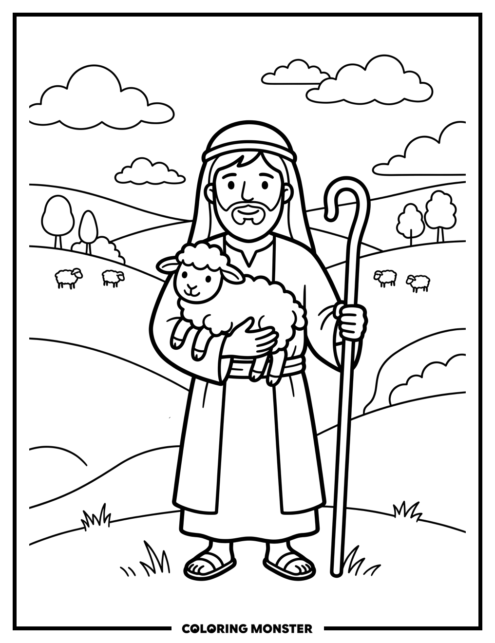 Shepherd Holding a Lamb Coloring Page