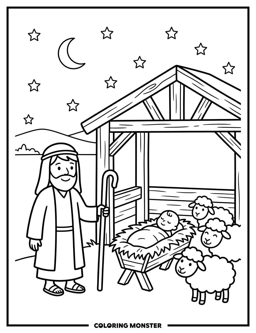 Shepherd Meets Baby Jesus Coloring Page