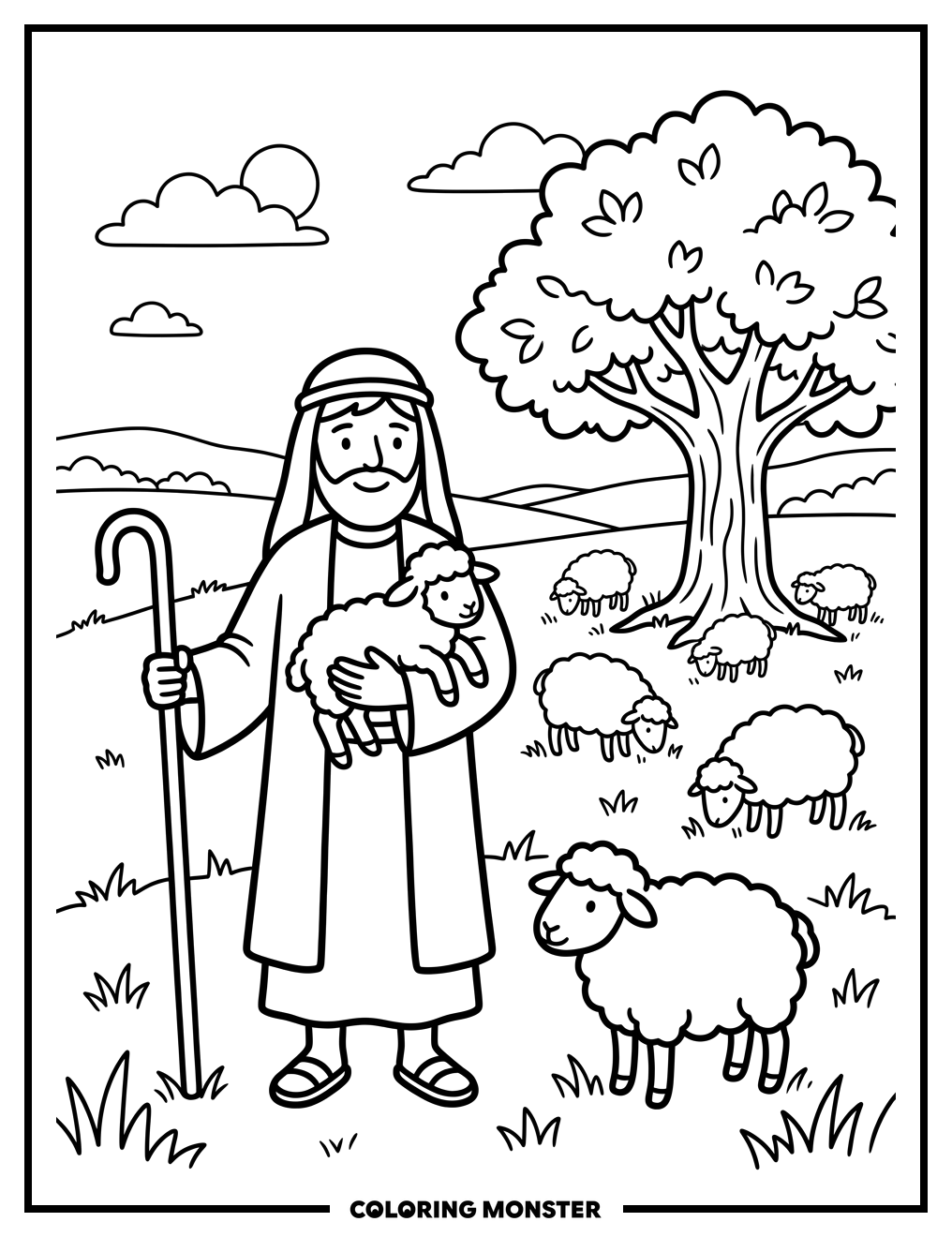 Shepherd With Lamb And Sheep Coloring Page