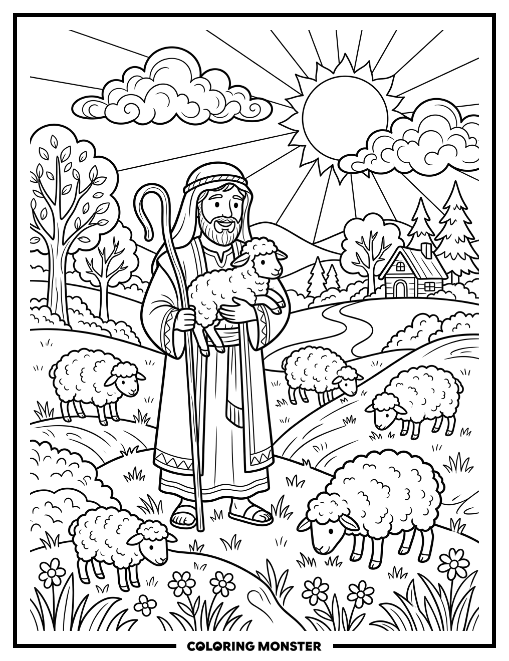 Shepherd With Lamb On Rolling Hill Coloring Page