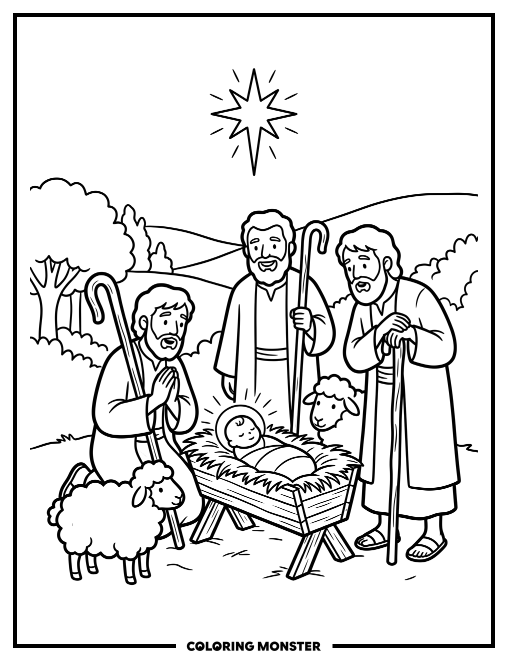 Shepherds and Sheep at Manger Coloring Page