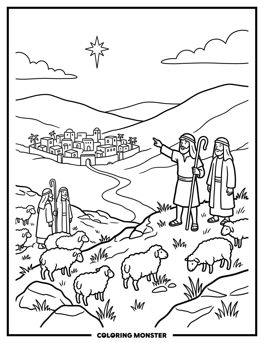 Shepherds Watching Sheep Near Bethlehem Coloring Page
