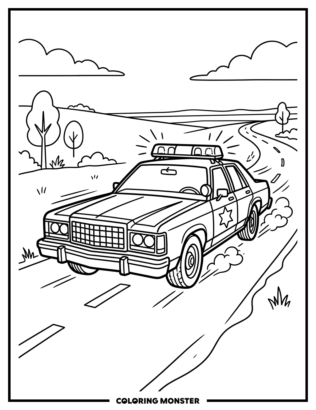 Sheriff Car Speeding Down Road Coloring Page