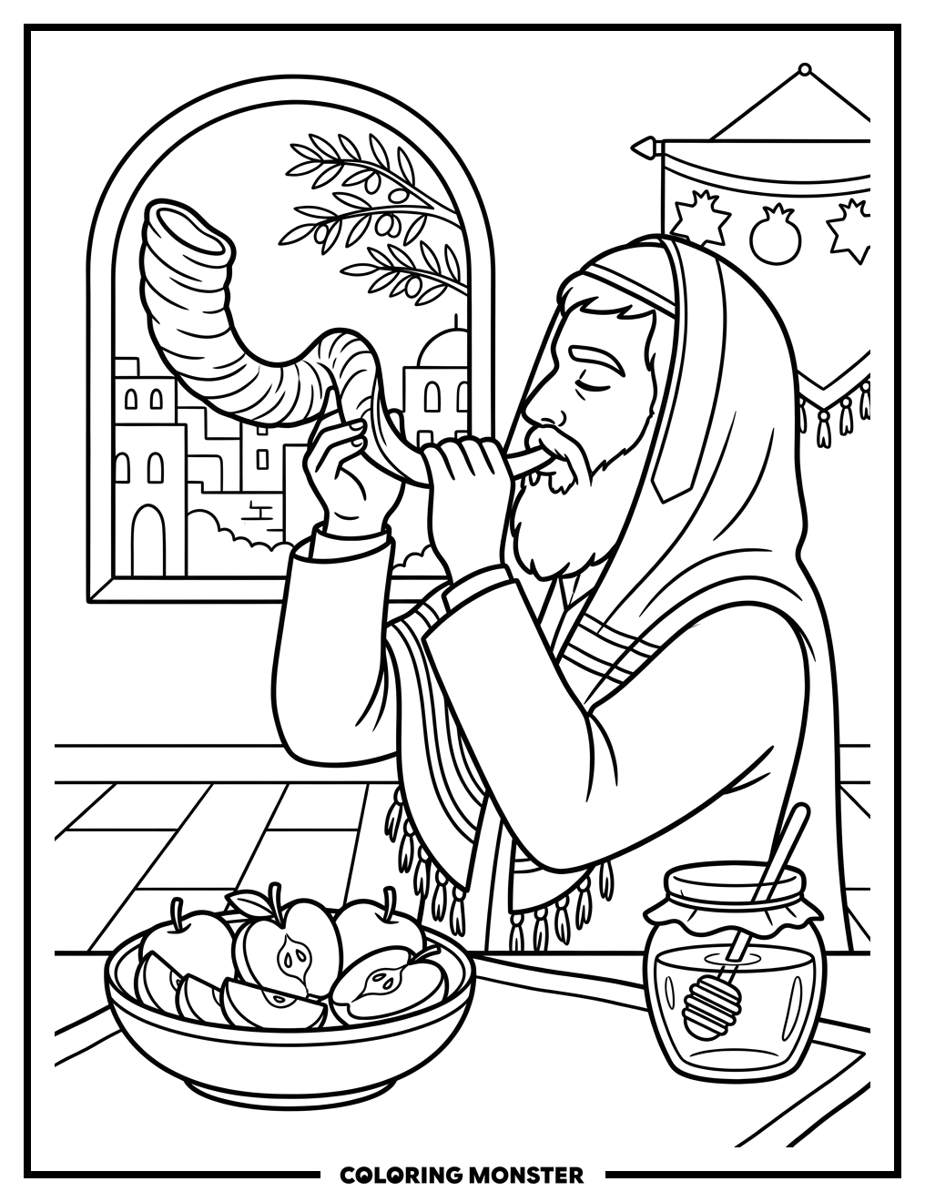 Shofar Blown with Apples and Honey Coloring Page