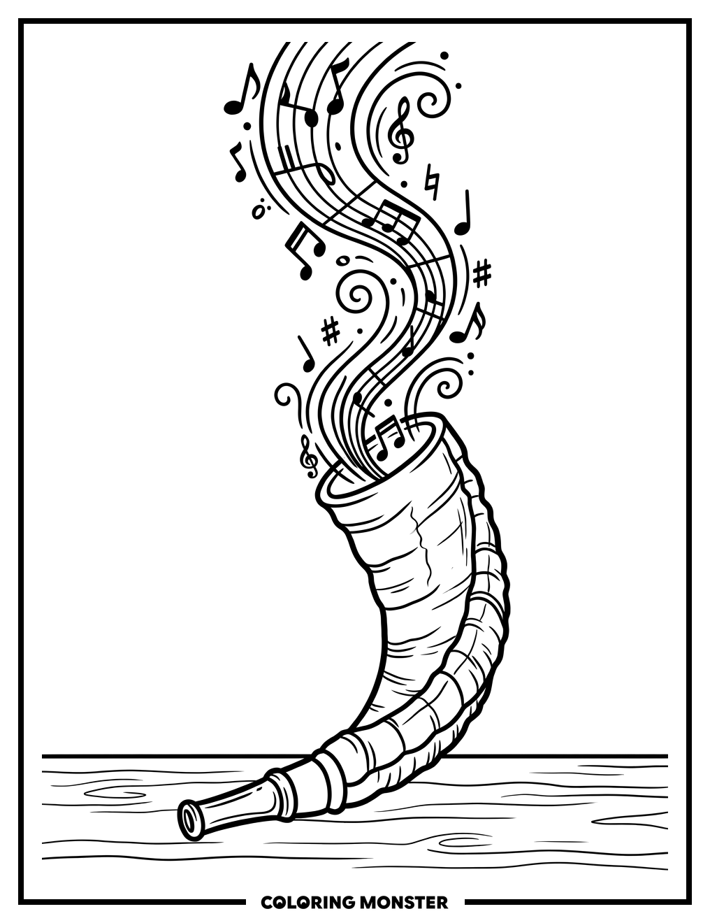 Shofar with Musical Notes Coloring Page