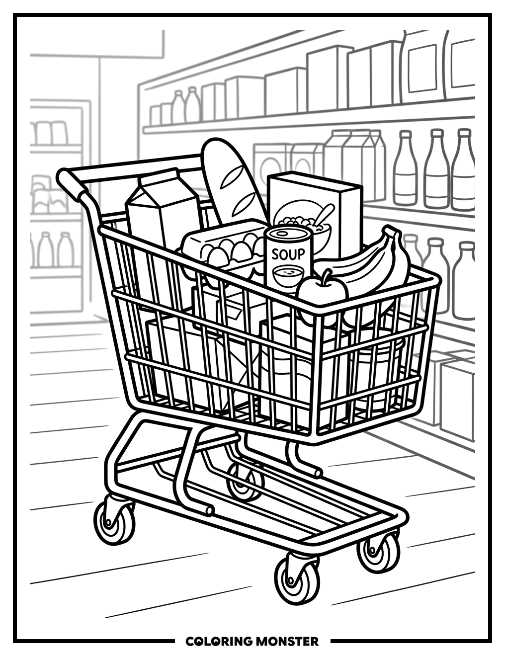 Shopping Cart Overflowing with Groceries Coloring Page