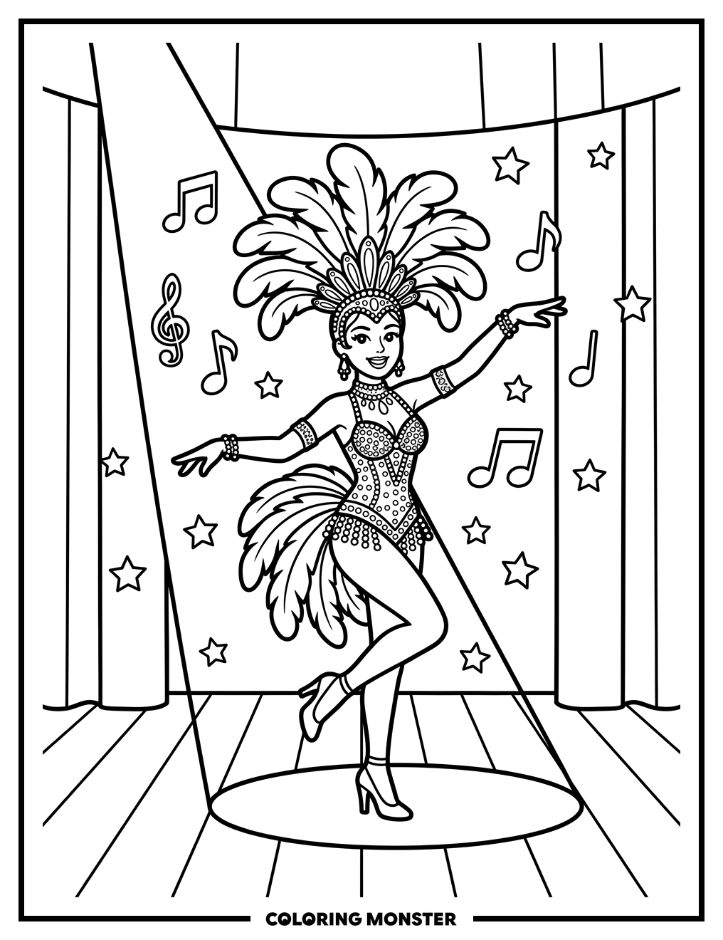 Showgirl Under Spotlight Coloring Page