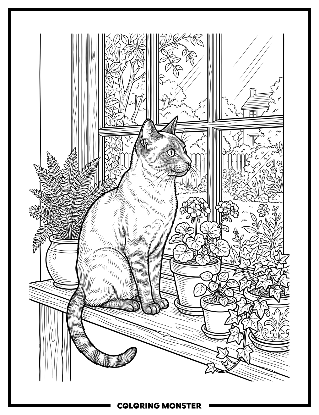 Siamese Cat on Sunny Windowsill Coloring Page