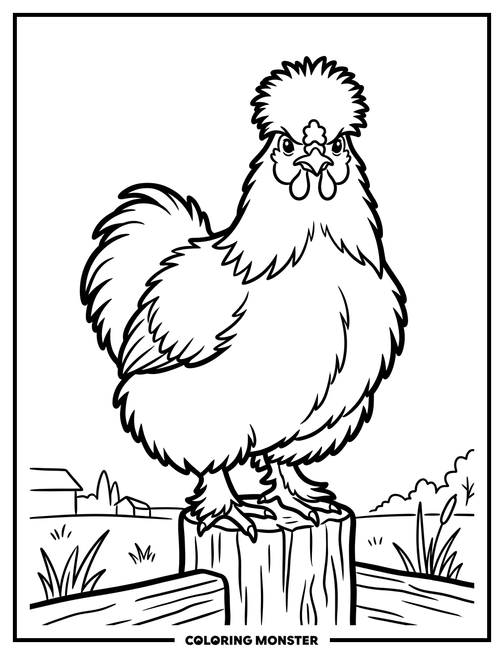 Silkie Chicken on Fence Post Coloring Page