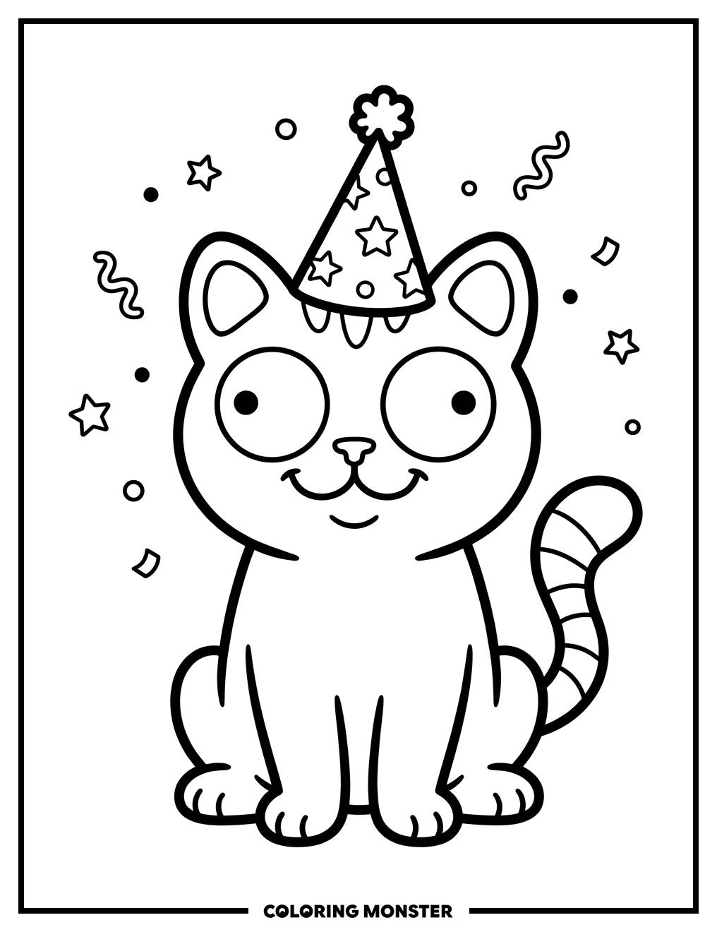 Silly Cat in Party Hat Coloring Page