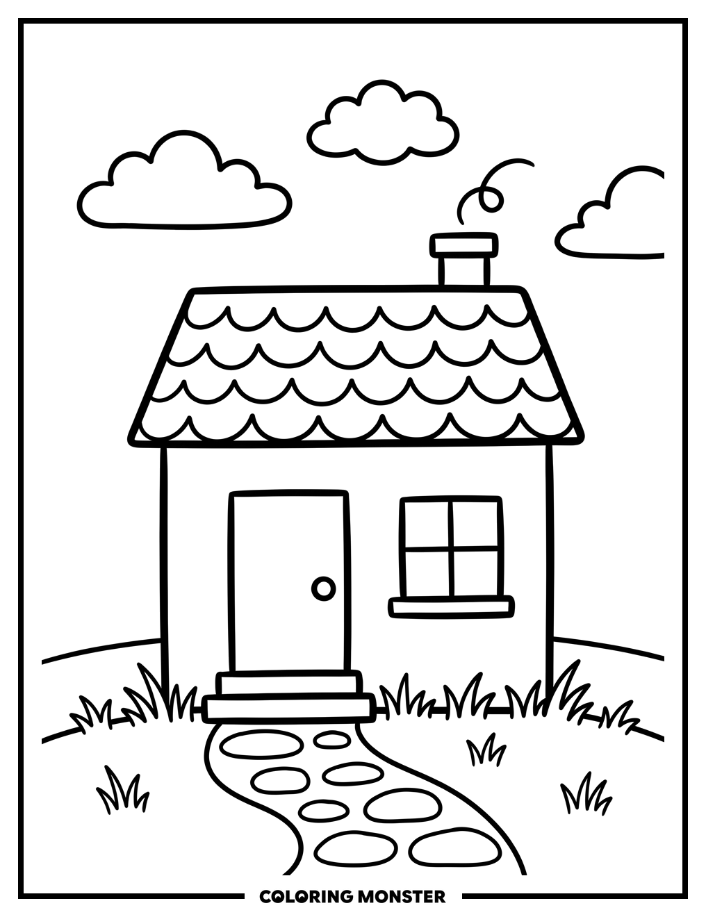 Simple Cartoon House with Clouds Coloring Page