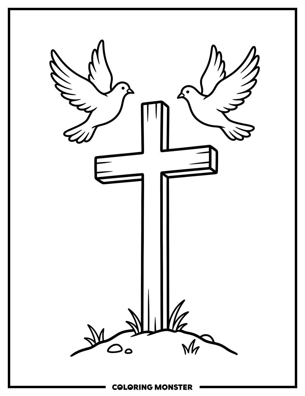 Simple Cross with Flying Doves Coloring Page
