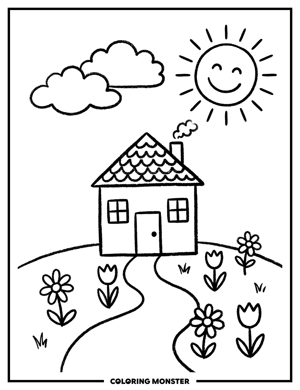 Simple House with Sun and Flowers Coloring Page