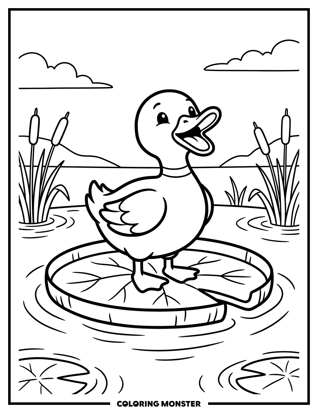 Singing Duck on Lily Pad Coloring Page
