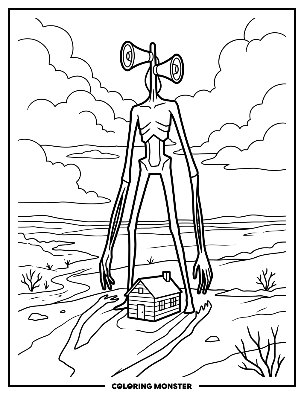 Siren Head Beside Cabin Coloring Page
