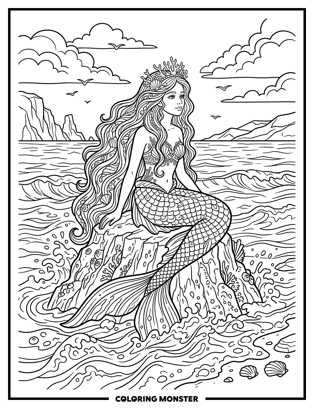 Siren on a Rock Coloring Page
