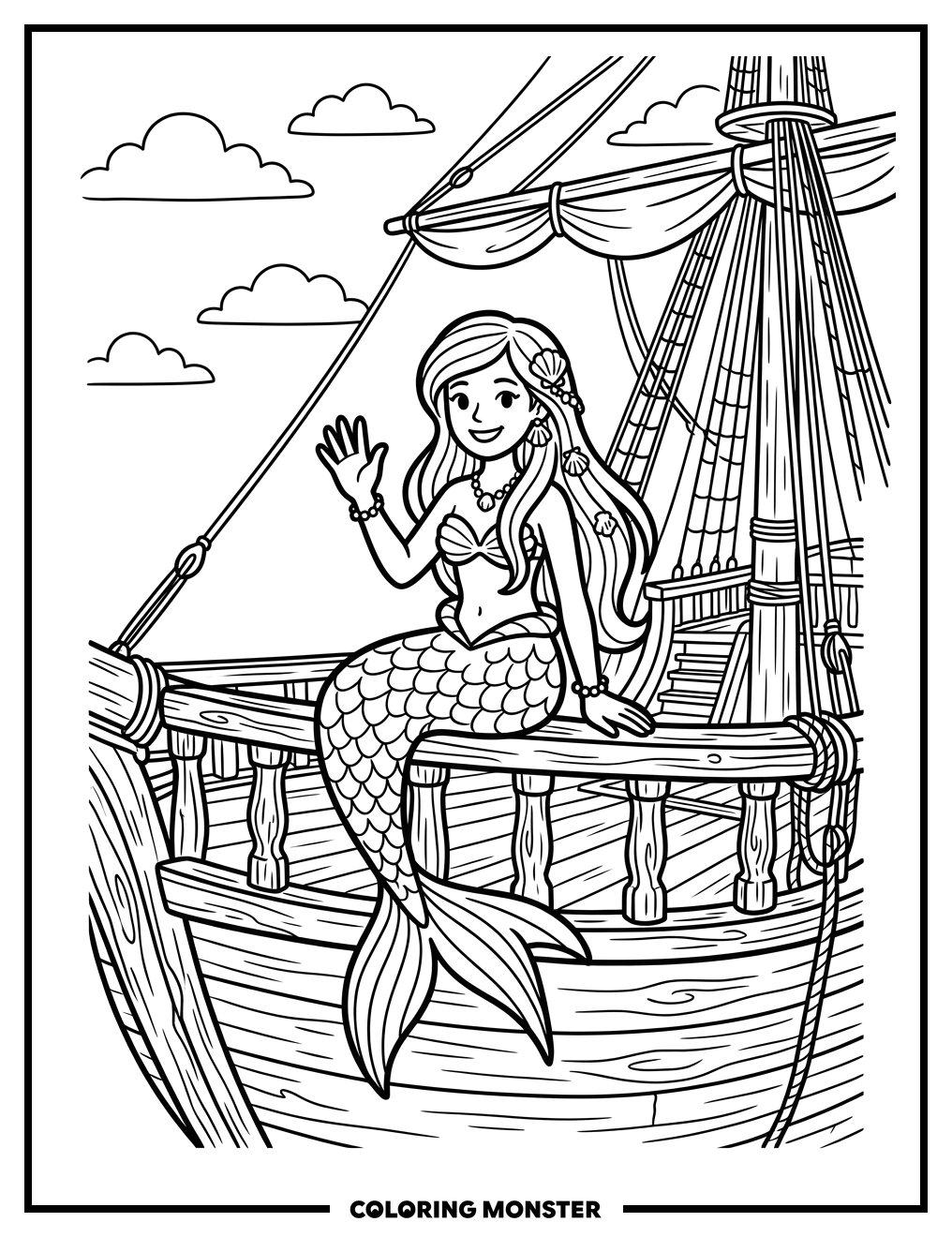Siren Waving From A Sailing Ship Coloring Page