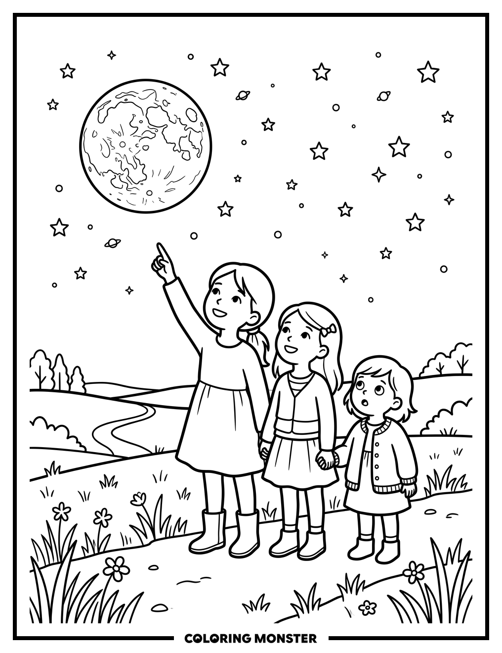 Sisters Admire Starry Night Sky Coloring Page