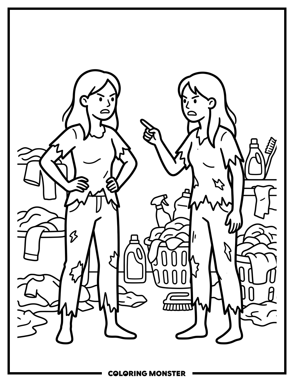Sisters Arguing in a Messy Room Coloring Page