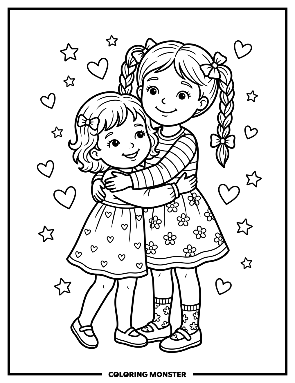 Sisters Hugging Amidst Hearts and Stars Coloring Page