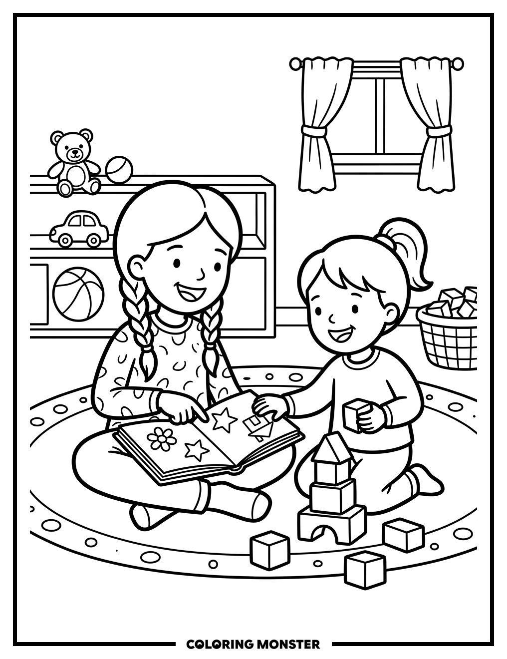 Sisters Playing with Toys Coloring Page