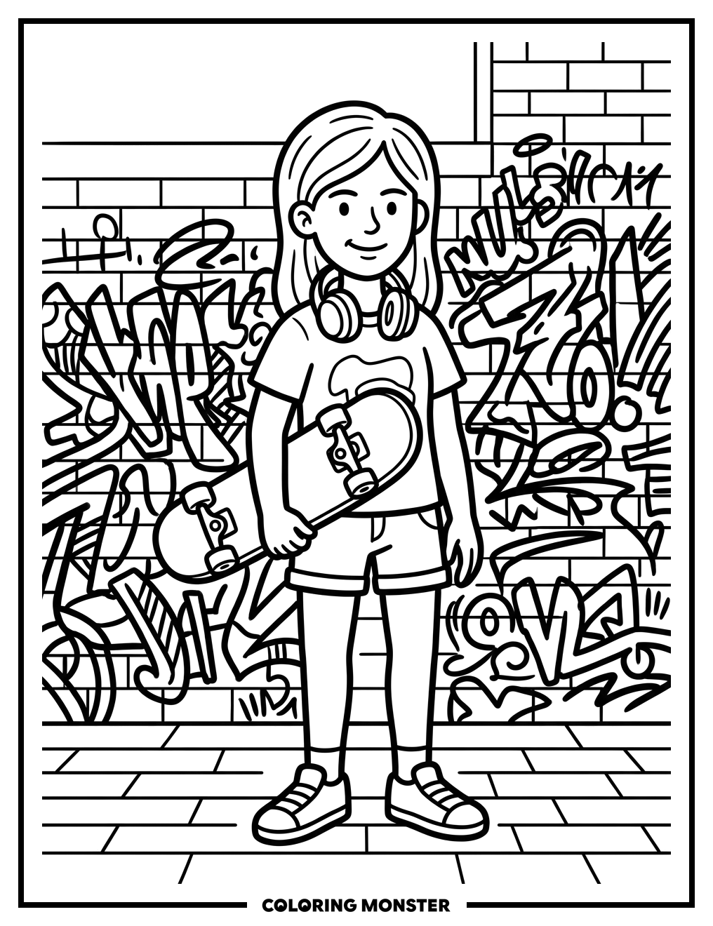 Skater Girl with Graffiti Wall Coloring Page