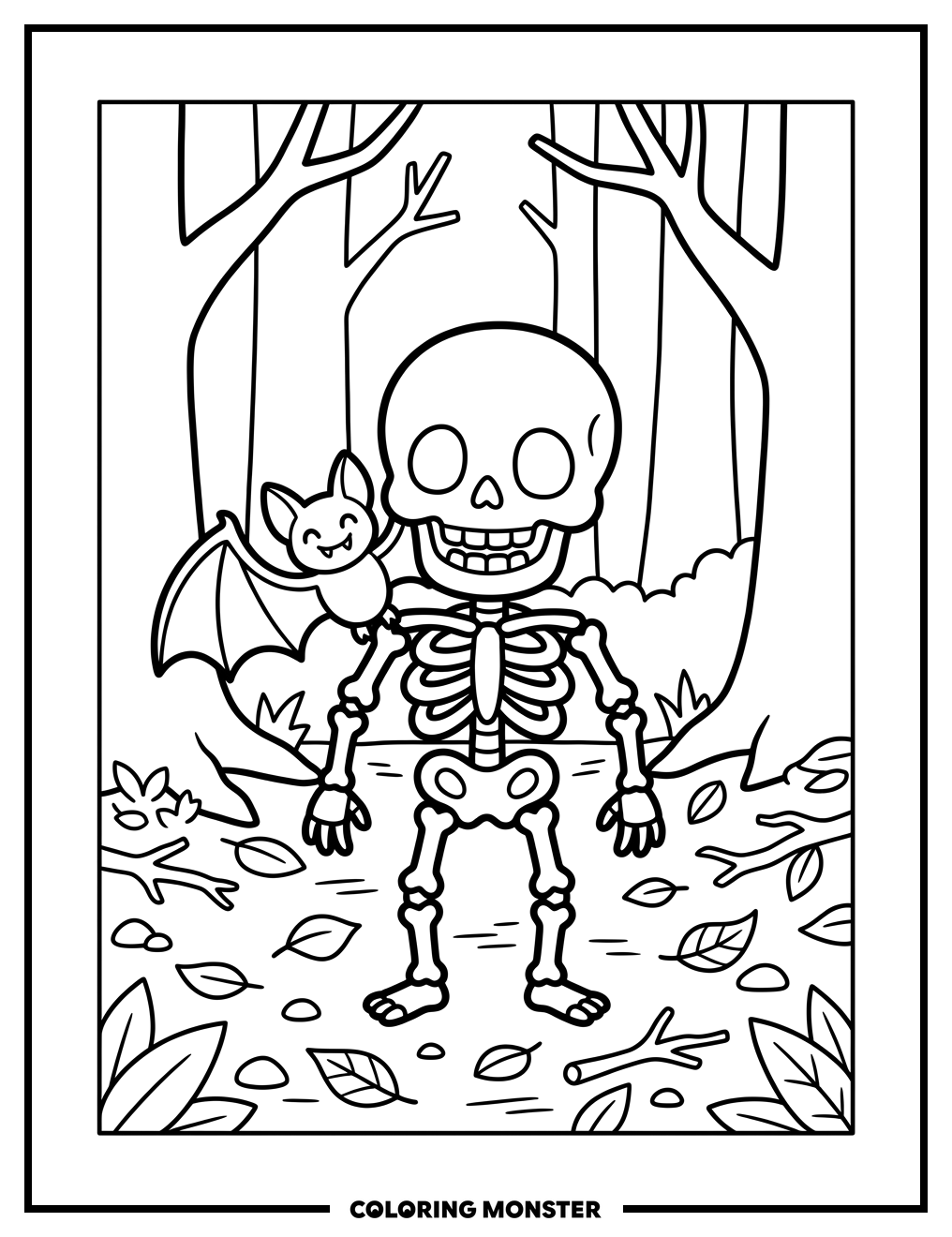 Skeleton and Bat in Forest Coloring Page