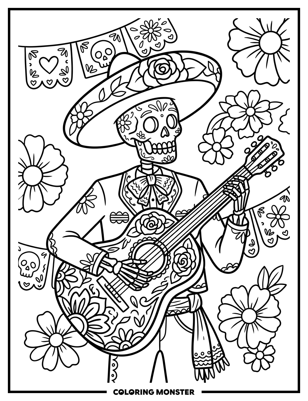 Skeleton Musician Playing Guitar Coloring Page