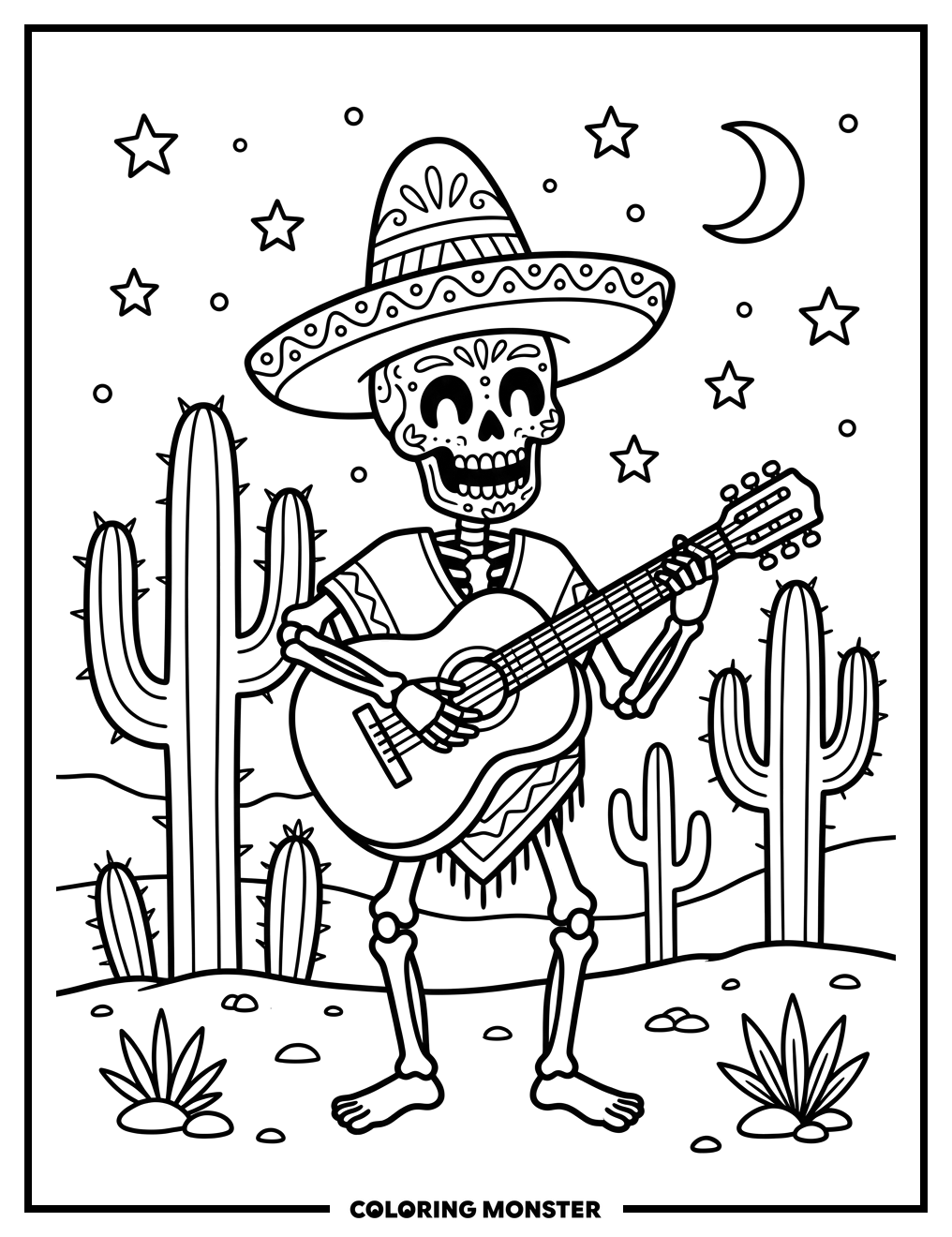 Skeleton Musician with Guitar Coloring Page
