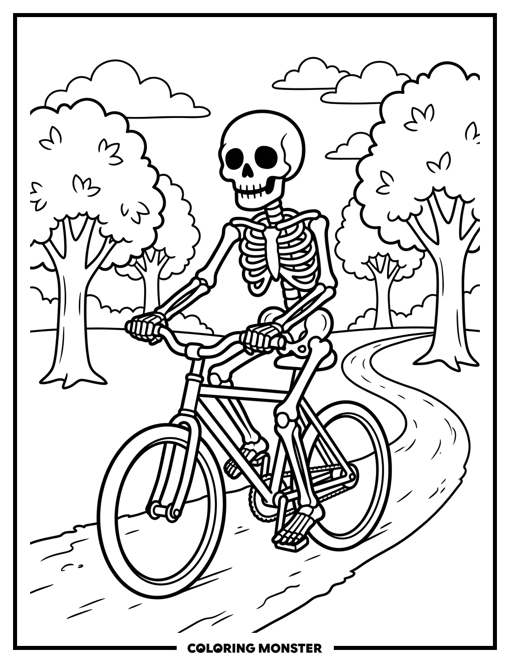 Skeleton Riding a Bicycle Coloring Page