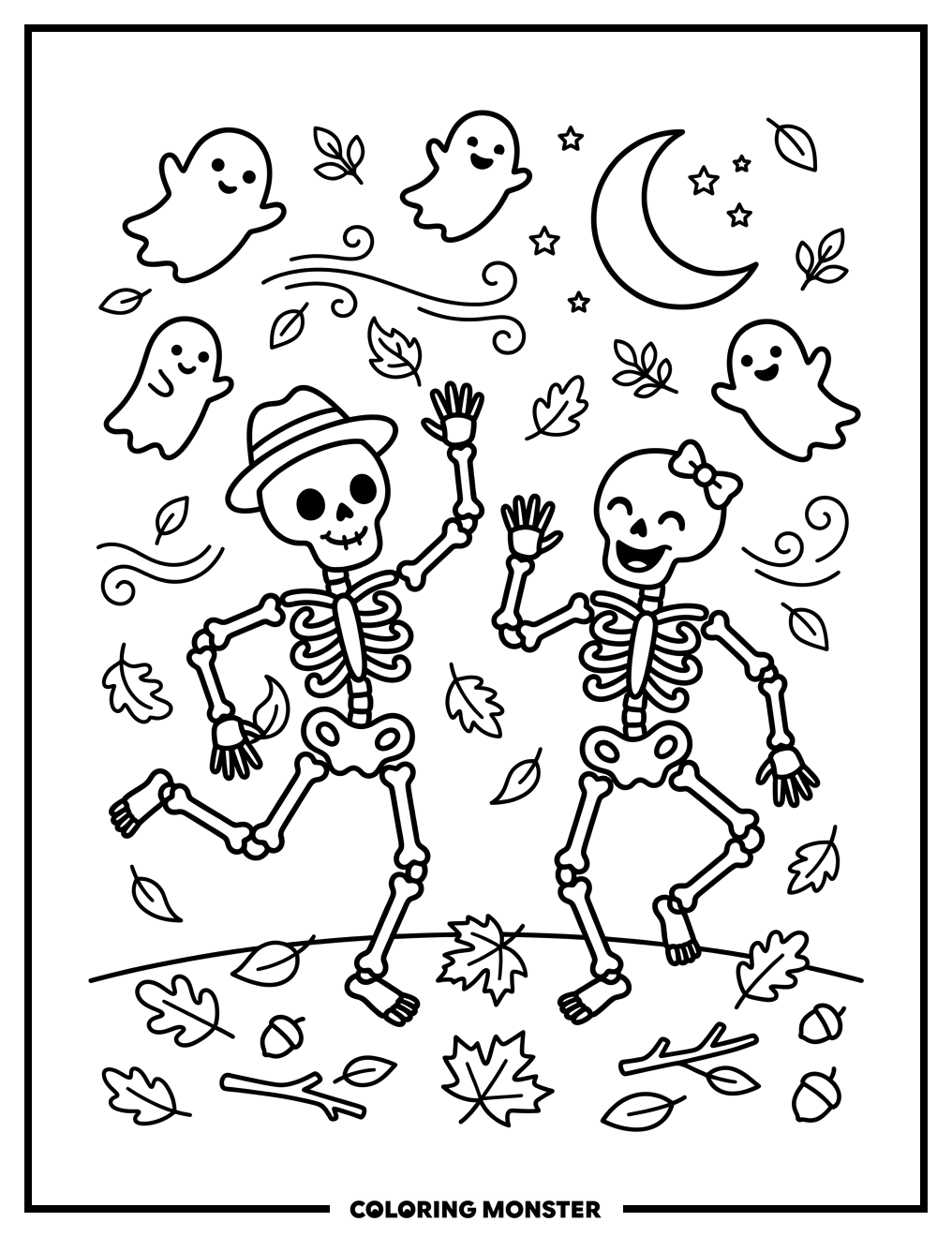 Skeletons Dancing in Autumn Coloring Page
