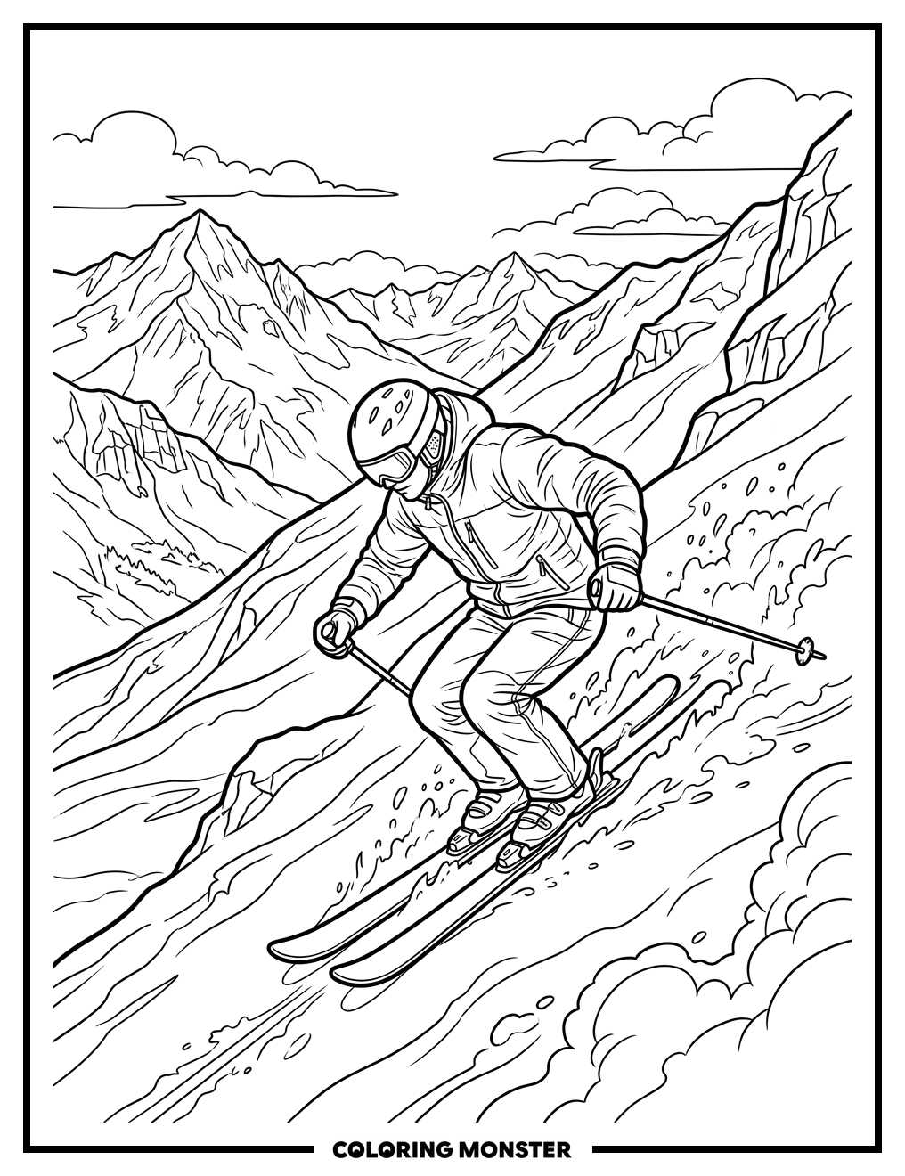 Skier Descending Snowy Mountain Coloring Page