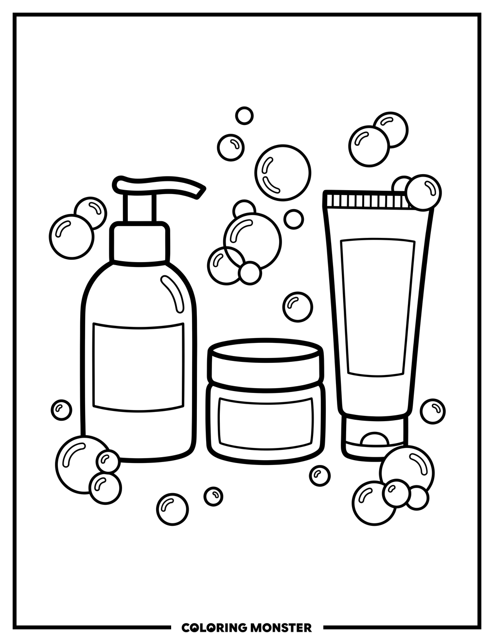 Skincare Products and Bubbles Coloring Page