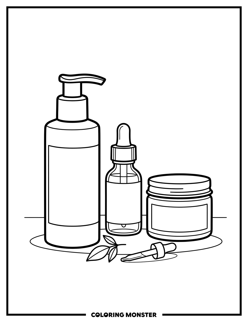Skincare Products on a Clean Surface Coloring Page