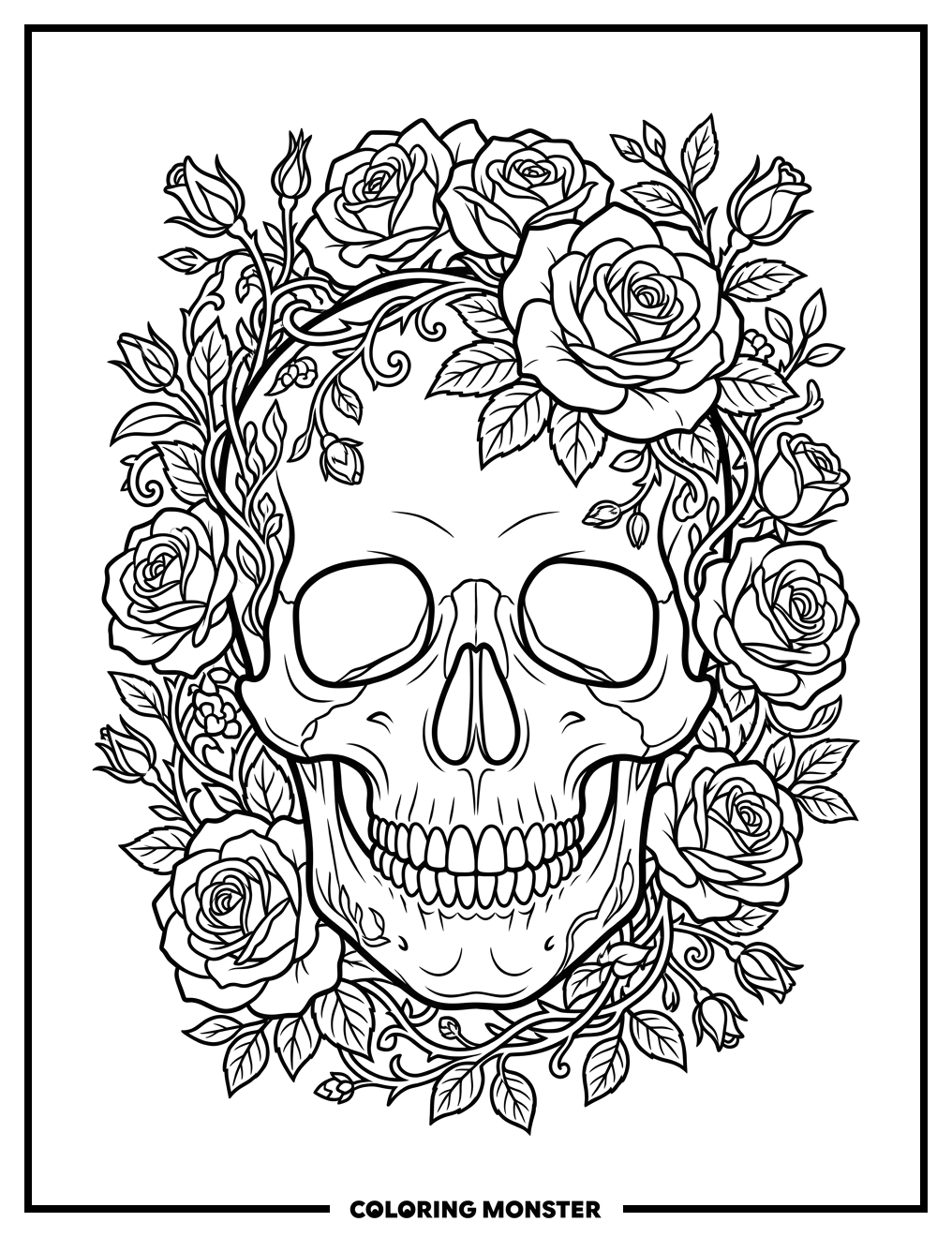 Skull Adorned with Roses and Vines Coloring Page
