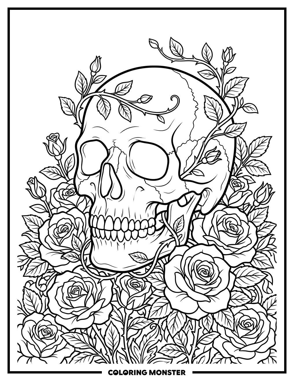 Skull and Roses Still Life Coloring Page
