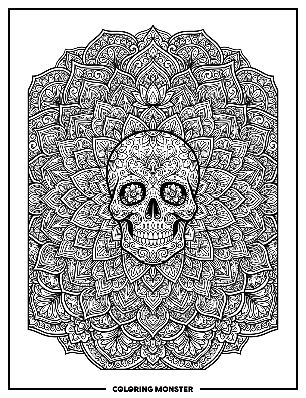 Skull Mandala With Floral Patterns Coloring Page