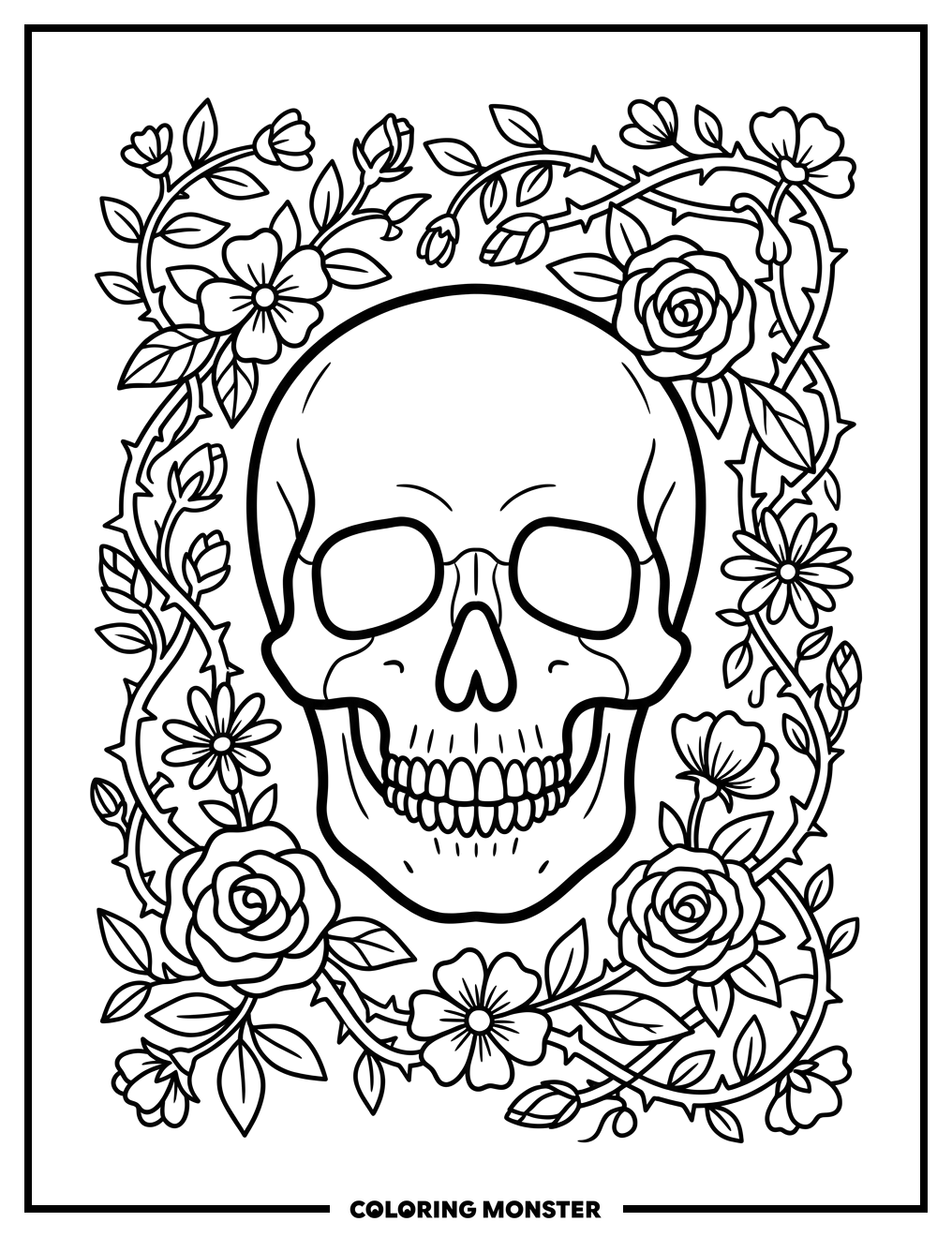 Skull With Floral Border Coloring Page
