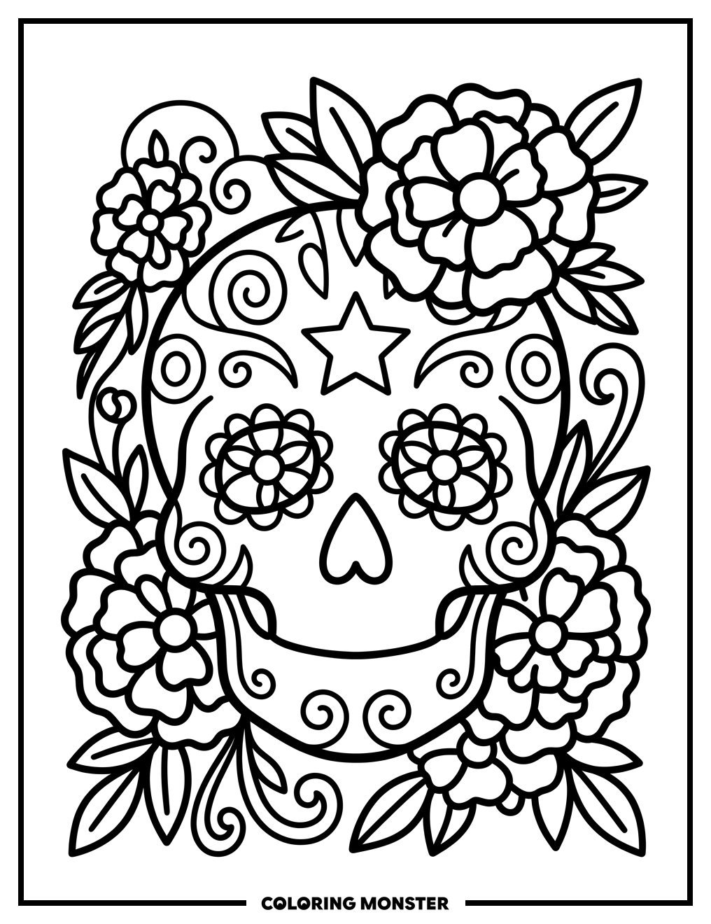 Skull With Marigolds Coloring Page