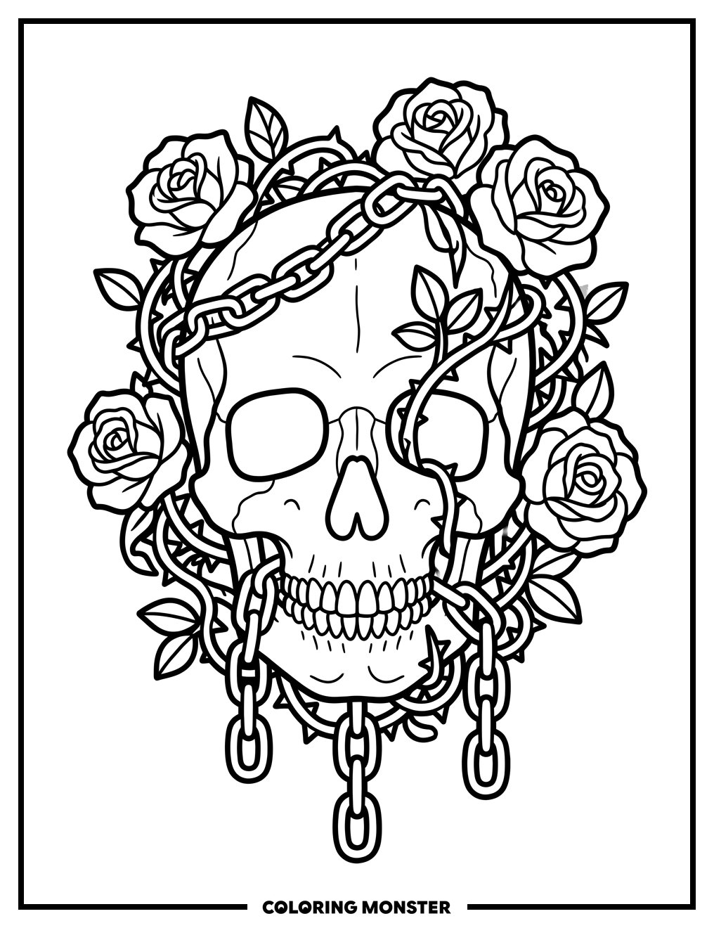 Skull With Roses and Chains Coloring Page