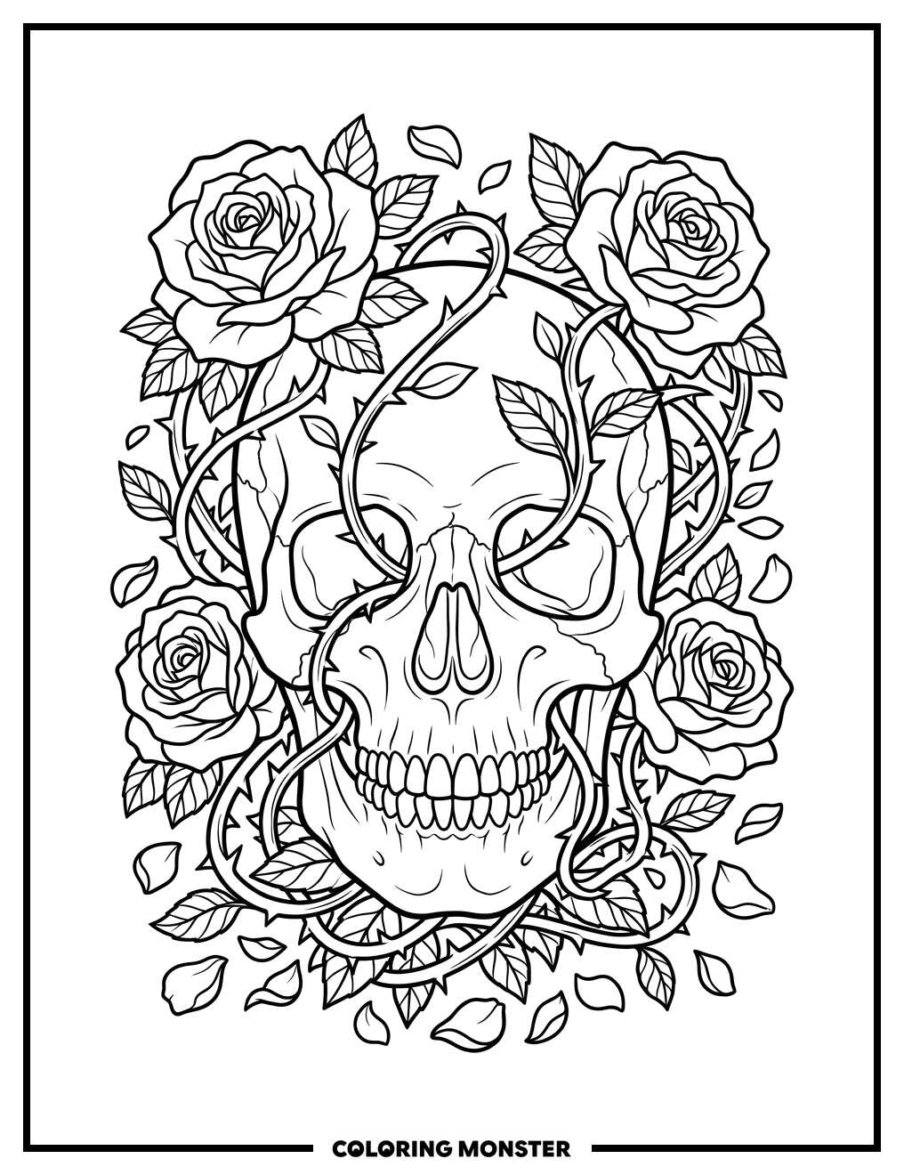 Skull With Roses and Thorns Coloring Page