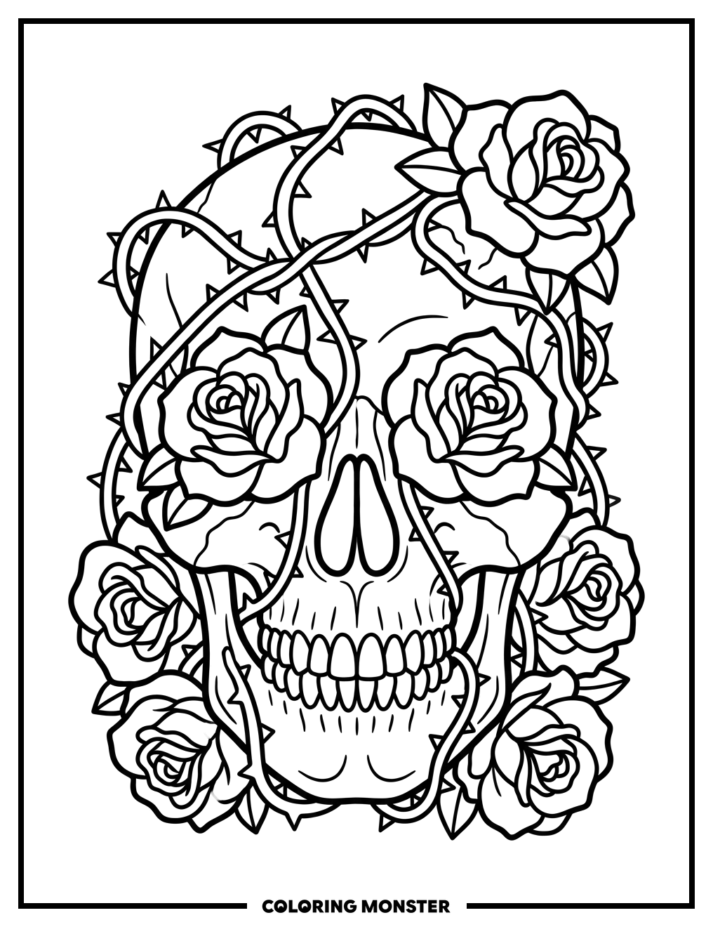 Skull With Roses and Vines Coloring Page